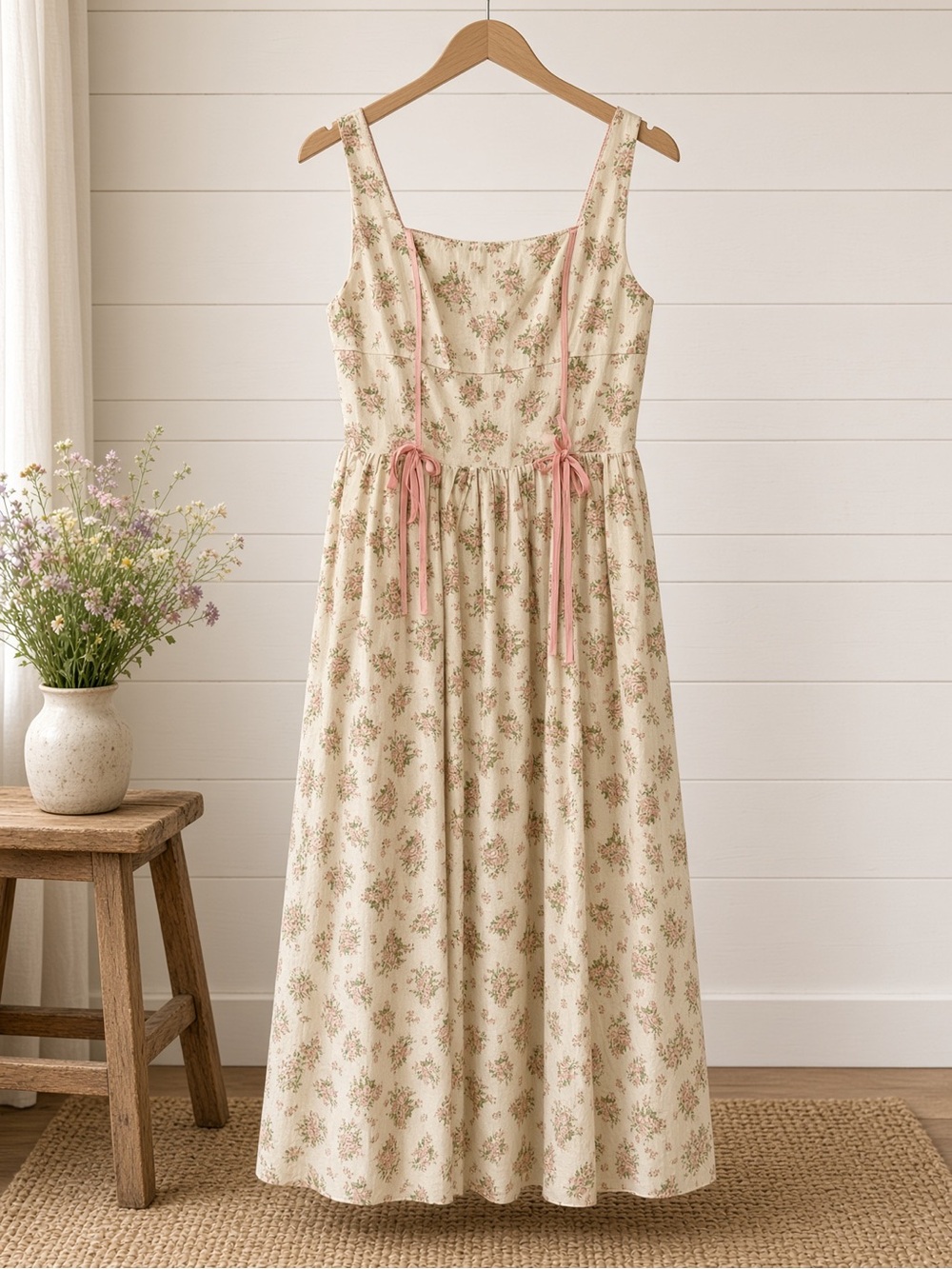 Floral Print Square Neck Contrast Pipinig Dress Medium